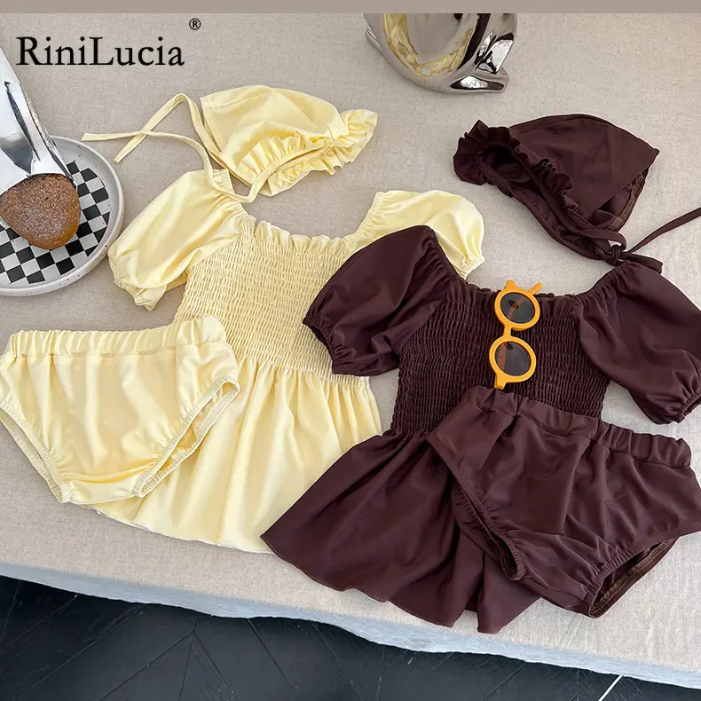 

New 2023 Children's Swimwear Solid Short Sleeve Two Piece Swimsuit for Girls Summer Sets Kids Swimsuit Sweet Swimwear