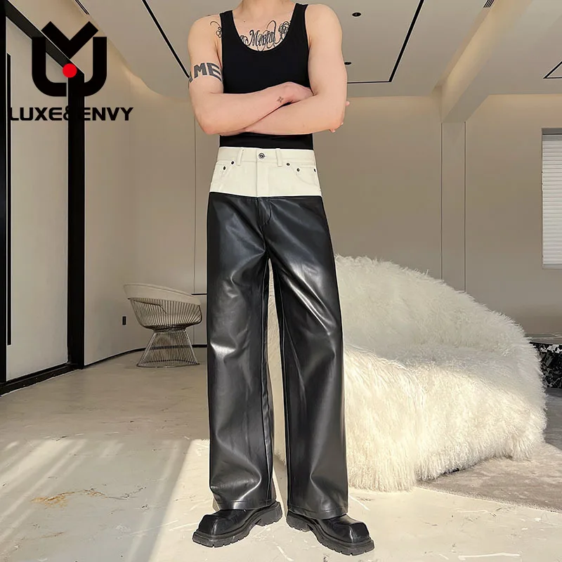 

LUXE&ENVY Designer Denim PU Leather Color Contrast Versatile Straight Pants 2023 Wide Leg Male Trousers High Street
