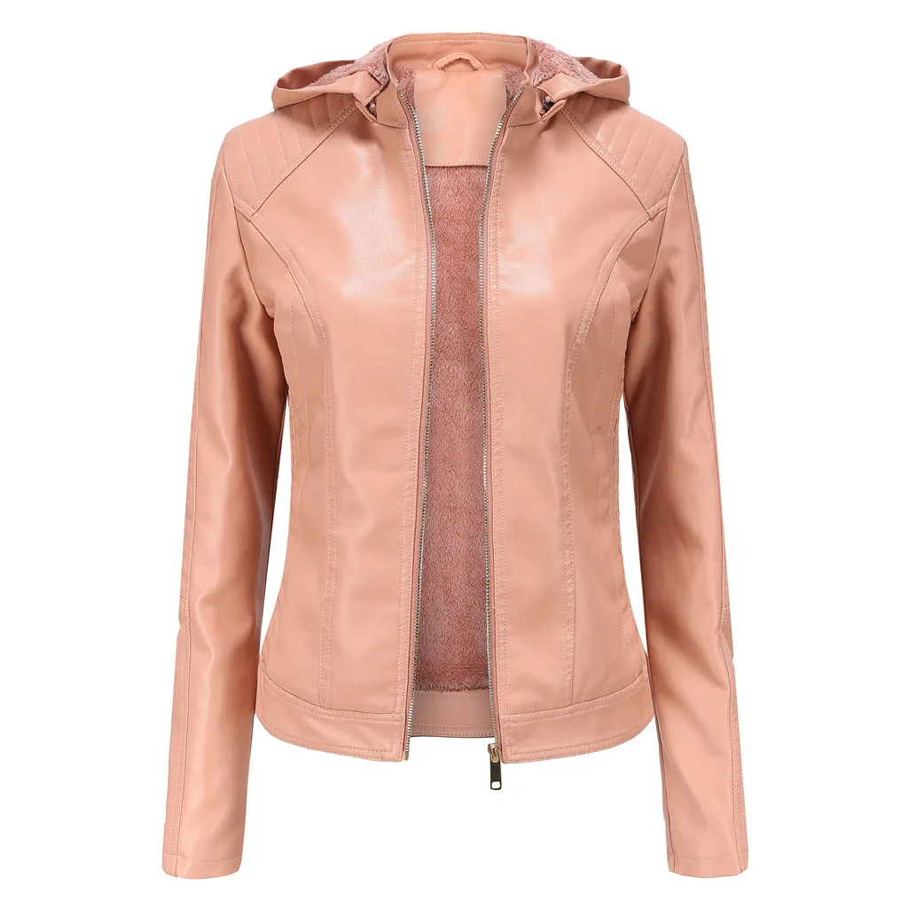 Autumn Winter Ladies'PU Leather plush Jacket Hooded Faux Leather Jacket Biker Motorcycle Jackets Warm Trench Coat  Outerwear