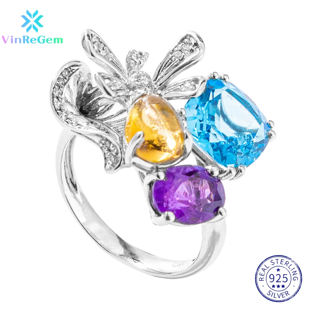 

Vinregem Genuine 925 Sterling Silver Natural Colorful Gemstone Simulated Moissanite Ring for Women Vintage Jewelry Drop shipping