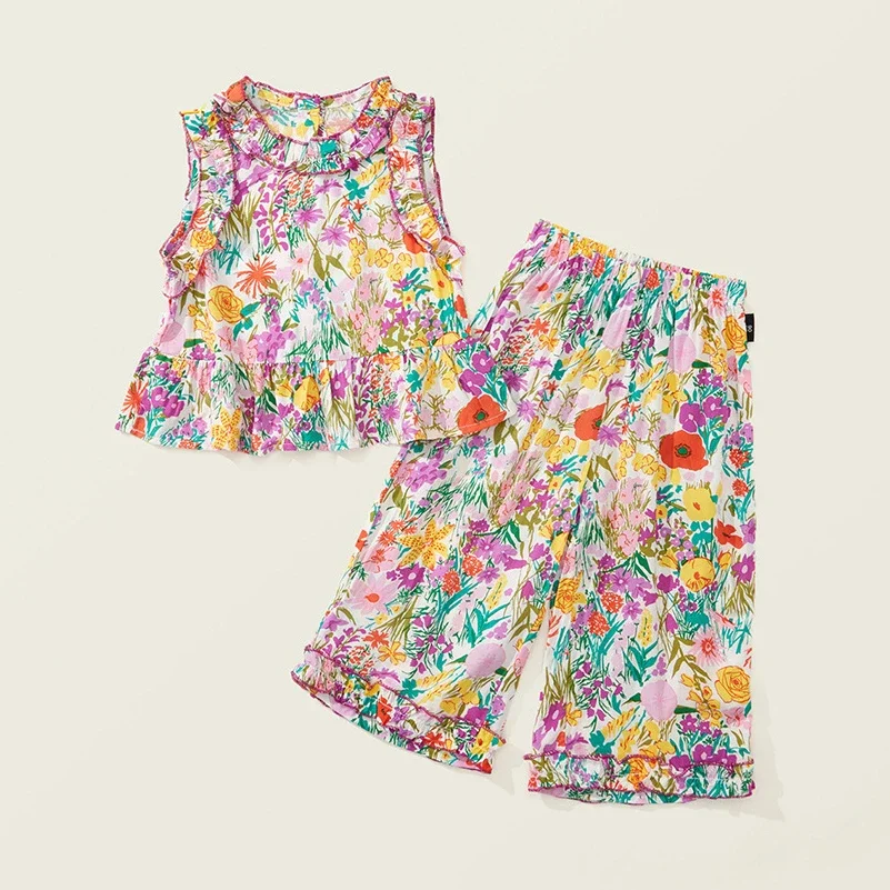 Комплекты детской одежды Кружевной топ без рукавов с цветочным принтом + широкие