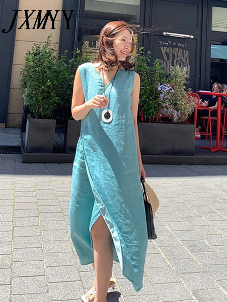 

Slits Show Thin And Long Vest Skirt 2022 Summer Solid Color V-Neck Age-Reducing Casual Loose Waist Linen Dress Women's Clothing