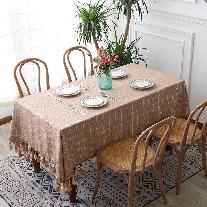 

Decorative Cotton Linen Tablecloth With Tassel Wrinkle Free Anti-Fading Rectangular Wedding Dining Table Cover Tea Table Cloth