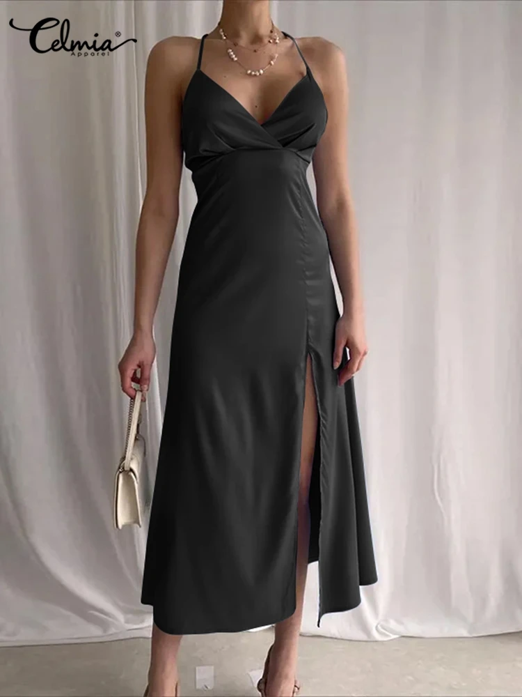 

Celmia женское вечернее платье на бретелях-спагетти, летнее атласное сексуальное платье с V-образным вырезом, Элегантное Длинное Платье с откр...