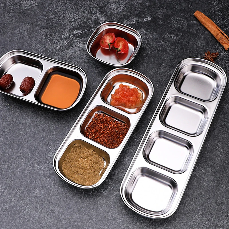 

1/2/3/4Grid Stainless Steel Seasoning Dish Multi-grid Barbecue Dipping Dish Dipping Bowls Vinegar Plates Kitchen Tableware