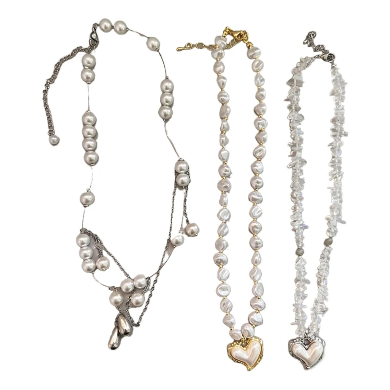 

Metal Drop Heart Pendant Necklace Pearl Choker Neck Chain Statement Jewelry