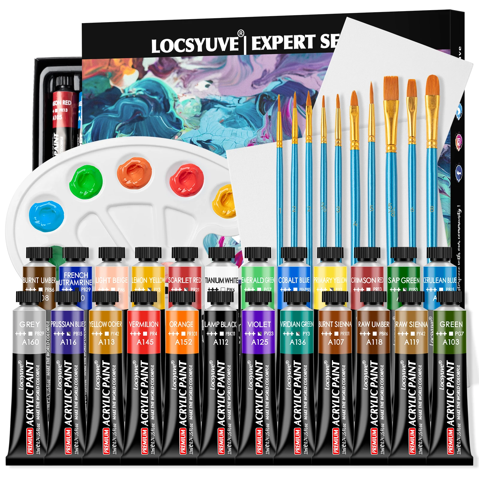 

Locsyuve Acrylic Paint Set 12/24 Colors Acrylic Paint, 22ml(0.74 Fl Oz), with 10 Brushes, 1 Palette, Rich Pigments for Artists