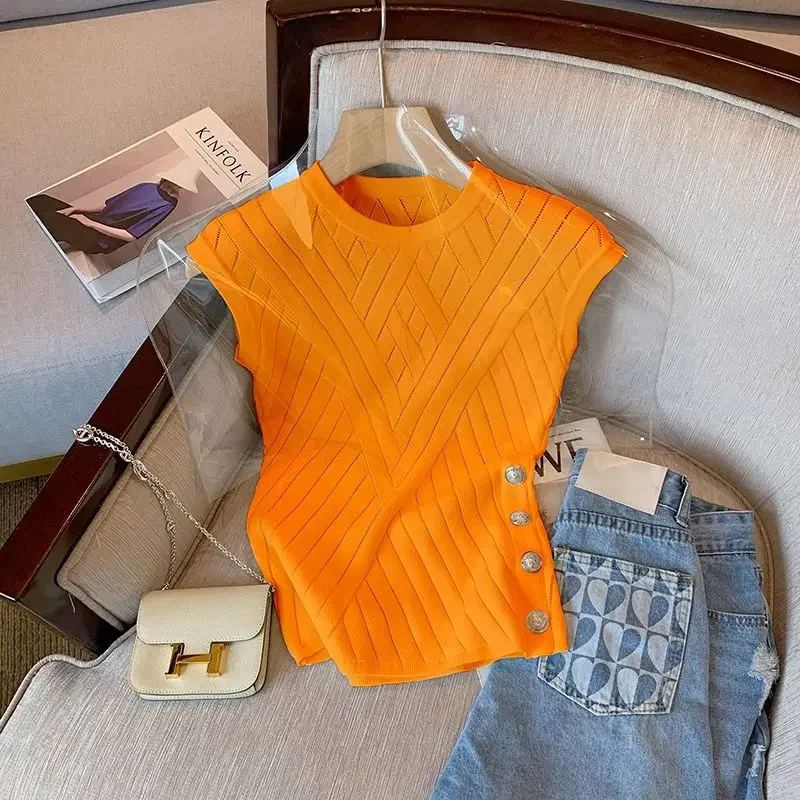 Элегантная женская футболка без рукавов во французском стиле новинка 2024 вязаный