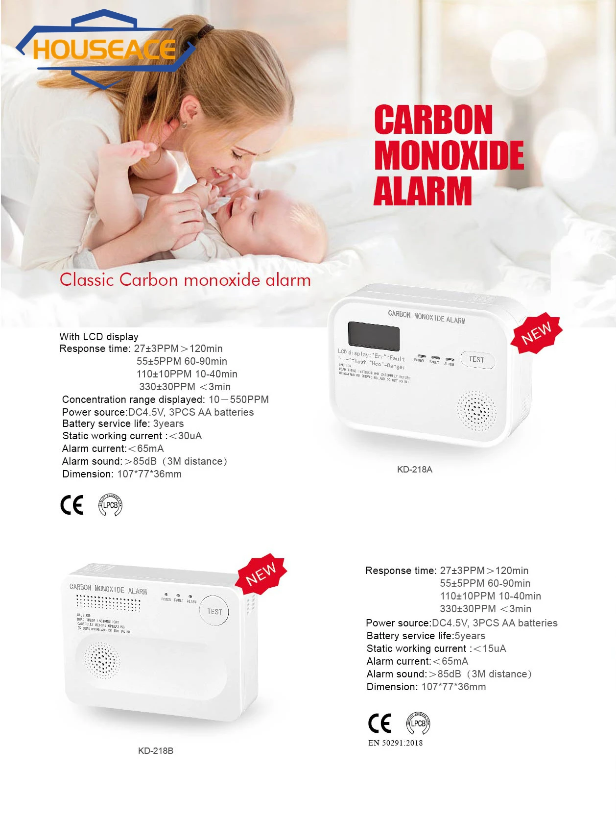

HOUSEACE Home Use Carbon Monoxide Smoke Alarm Smart Photoelectric Combustible Gas Detector LCD Display 10 Year Life KD-218A