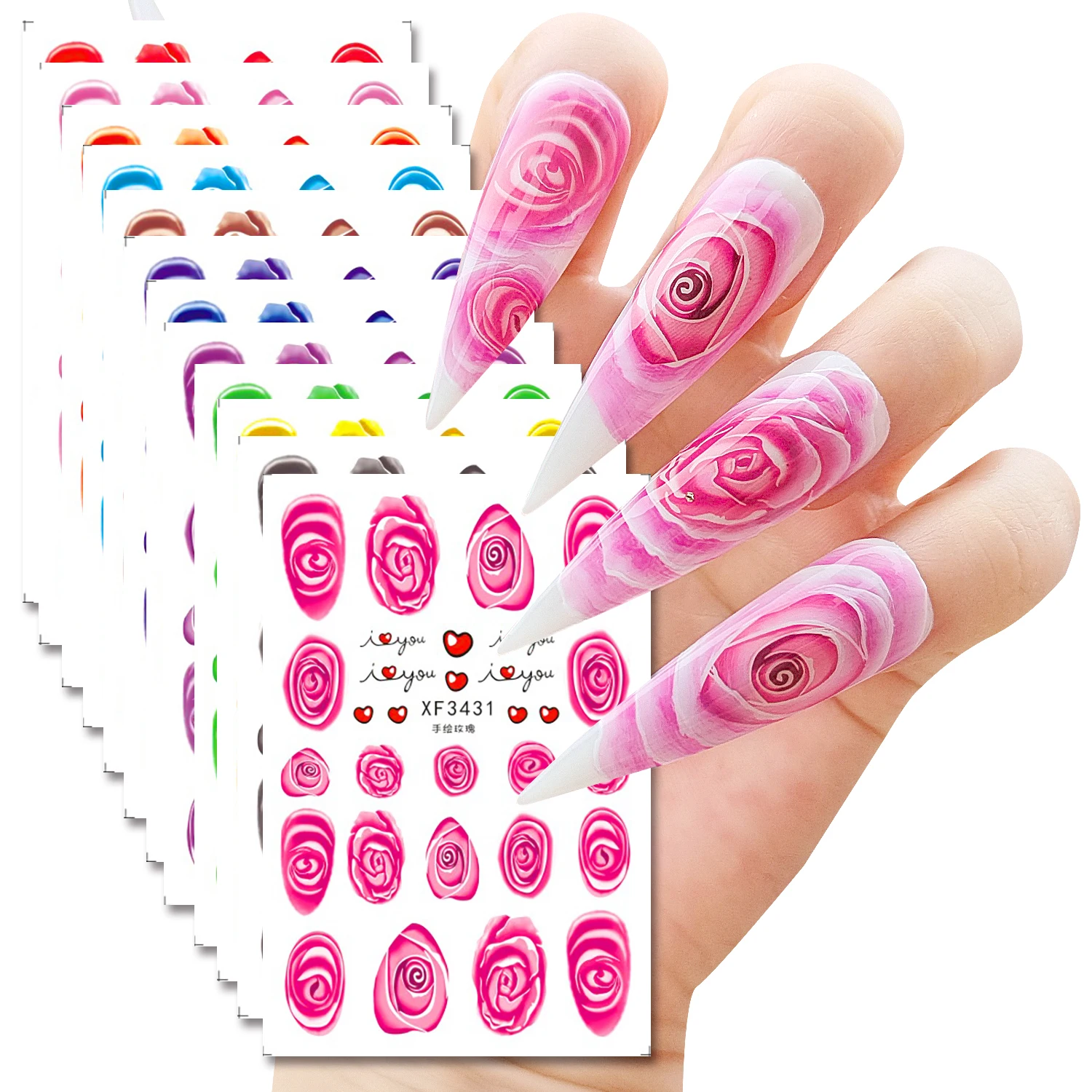 12 Sheets Vairous Colorful Hand Painted Rose Pattern Adhesive Nail Art Stickers Decals Manicure Accessories Tips XF3430-XF3441
