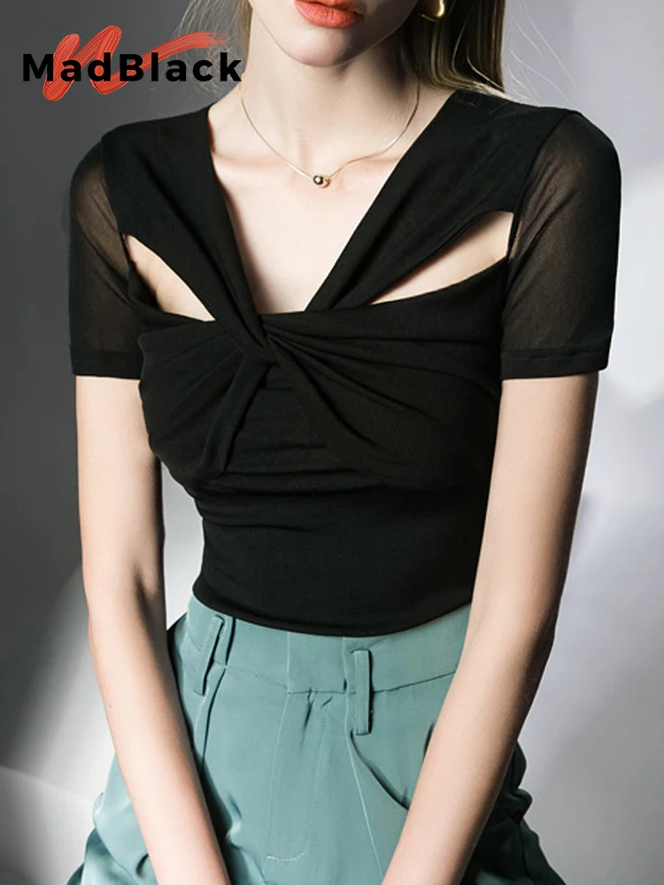 

MadBlack Summer European Clothes Tshirts Women Sexy V Necks Chic Twisted Mesh Slim Tops Elastic Short Sleeves Office Tee T35953C