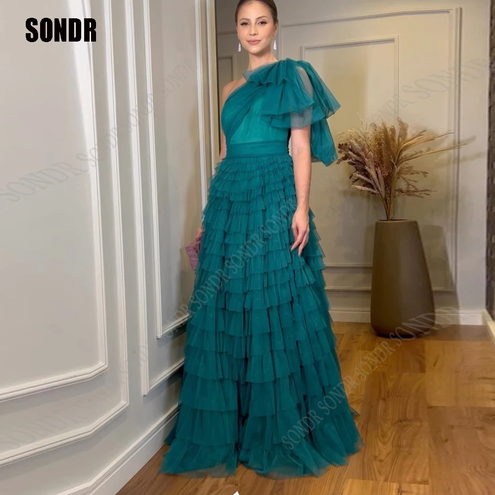 

SONDR New One Shoulder Blue Custom Tiered Tulle Prom Dresses Sweetheart Bow Dubai Arabic Women Evening Gowns Formal Party Dress