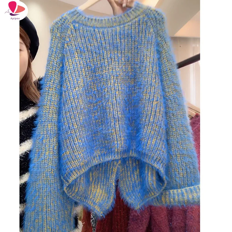 

APIPEE Mohair Sweater Women Solid Blue O-neck Pullover 2023 New Kpop Jumper Knitted Top Harajuku Split Loose Chic Sweaters