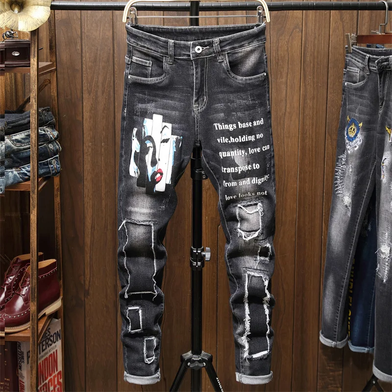Men's High Quality Brand Casual Skinny Black Jeans Pants Hip Hop Goth  Street Wear Women's Print Punk Rock  Plus size