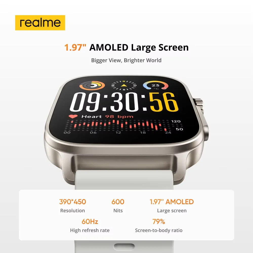 Фото Оригинальные часы Realme, 5 глобальных тонов, 460 мАч, 14 дней, срок службы батареи, 1,97 дюйма, 600 нит, AMOLED, IP68, водонепроницаемые, 300 + тема, поддержка GPS №4