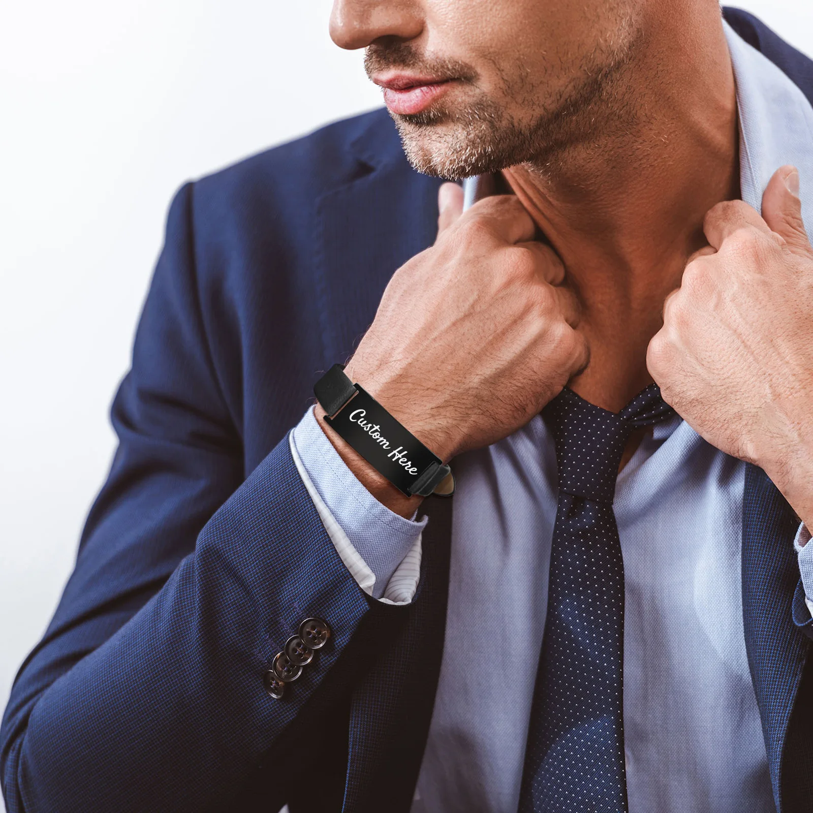 

Free Personalized Custom Men's Bracelets,Waterproof Stainless Steel ID Bar with Leather Bands Wristband, Stylish Gifts for Him