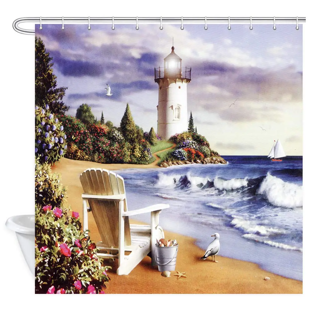 

Beach Shower Curtain,Nautical Lighthouse Shower Curtain for Bathroom,Coastal Sailing Boat on Ocean Waves Fabric Bathroom Curtain