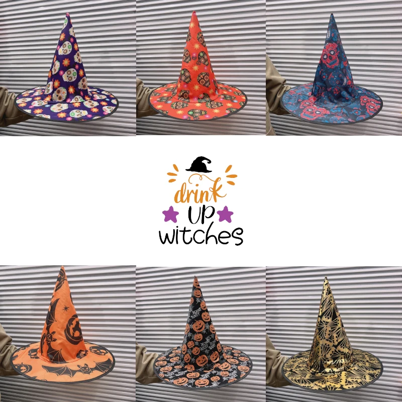 

6/12 Pcs Halloween Cosplay Pointed Printing Witch Party Hat Crazy Halloween Floppy Fedora Party Wide Brim Hat