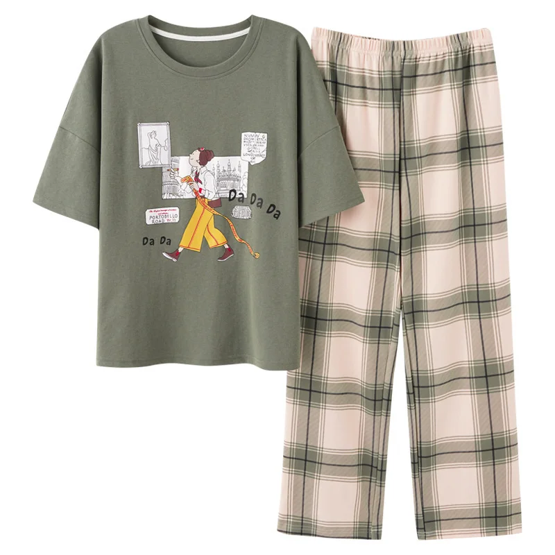 2022 new style pajamas women's summer short sleeved trousers pure cotton  cartoon cute girls can wear home clothes in summer