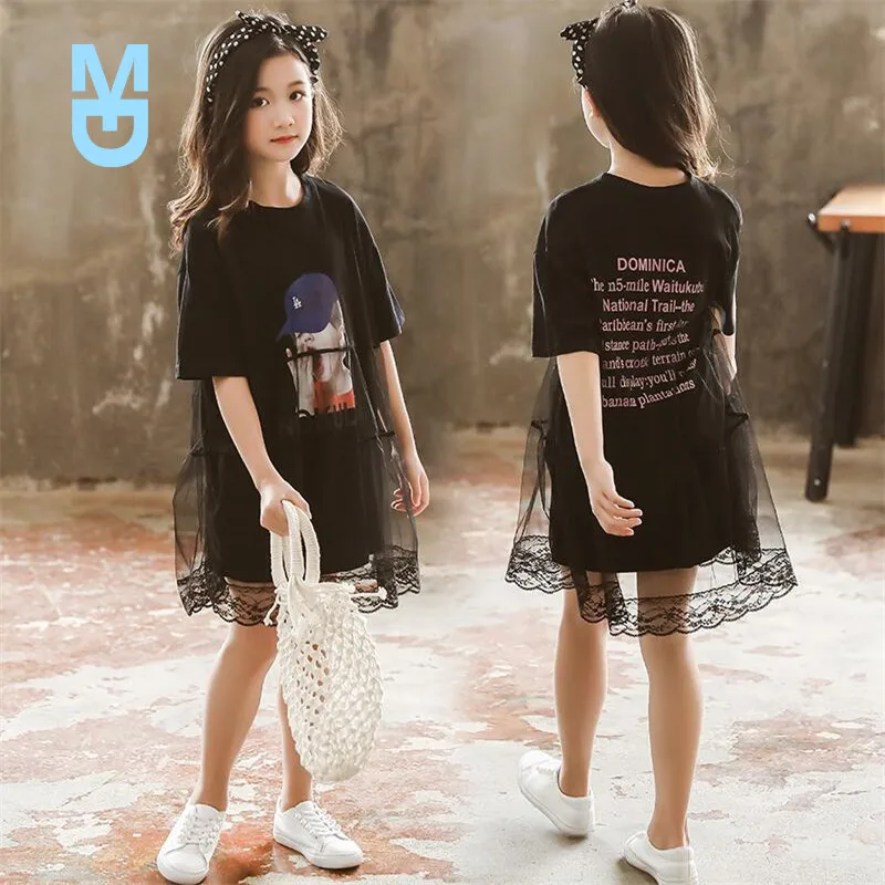 

New 2022 Teens Girls Dress for Children's Clothing Princess Kids Cartoon Print Mesh Dresses