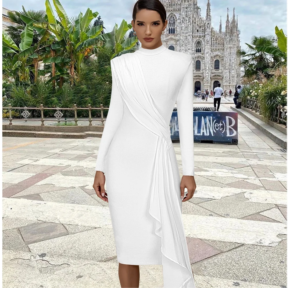 

Style Hot Ins White European Tight Irregular long sleeve Casual bodycon bandage dress Sexy women cocktail party dress full skirt