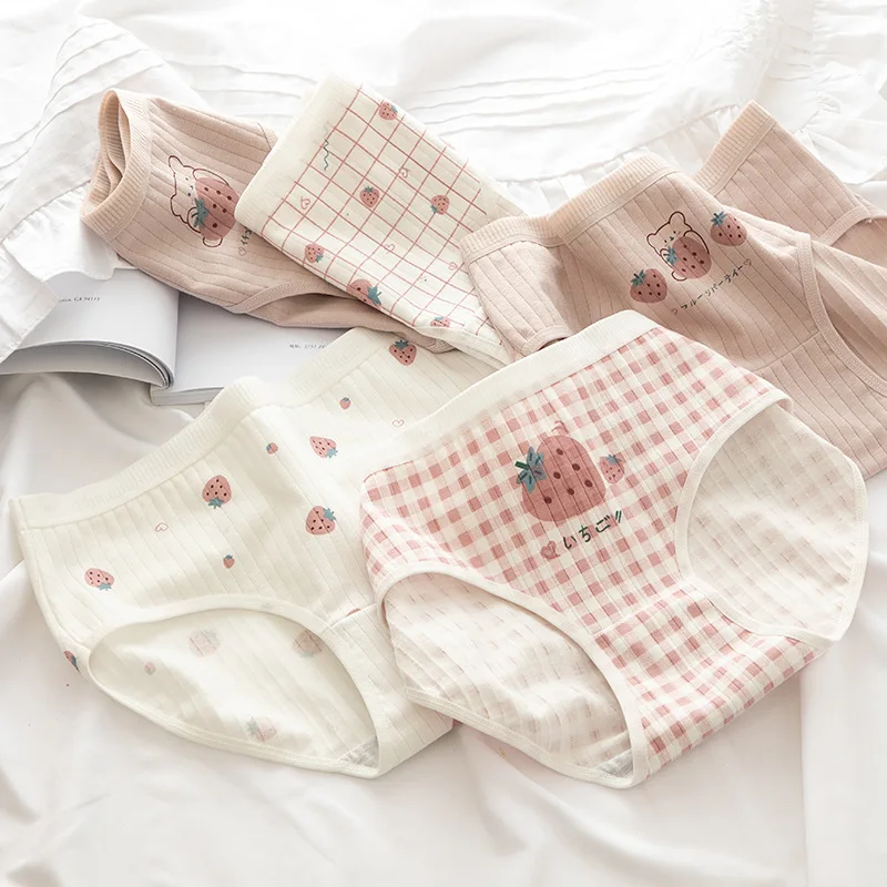 

Solid Color Sweet Strawberry Plaid Stripes Panties for Women Girl Student Cotton Crotch Mid Waist Panties Wholesale
