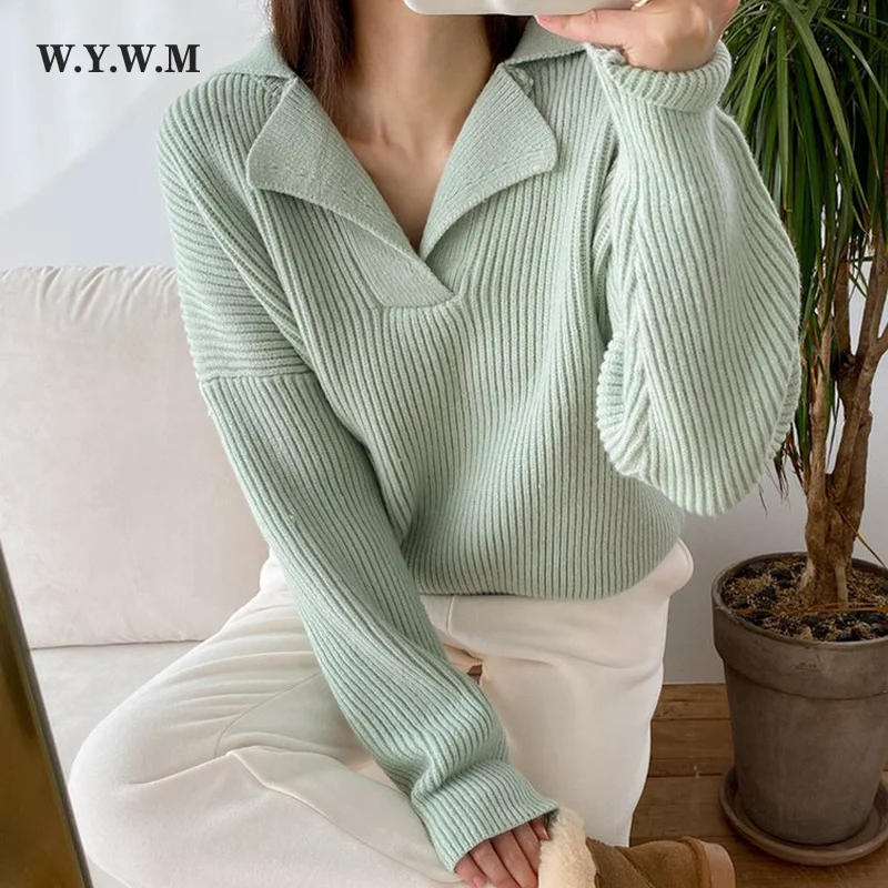 

WYWM New Knitted Sweater Women Elegant Lazy Oaf Coarse Yarn Striped Cashmere Pullovers Coat V-neck Long Sleeve Female Jumpers