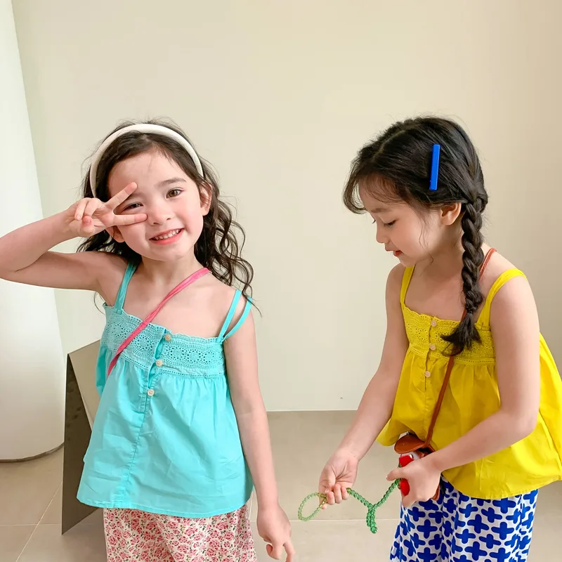

2022 Summer New Children Clothes Baby Girls Korean 4 Color Lace Small Sling Vest Top