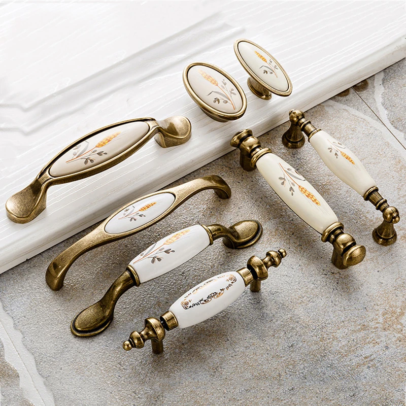 

Antique Bronze Ceramic Cabinet Handles Zinc Alloy Drawer Knobs Pulls Wardrobe Door Handle European Furniture Handle Hardware