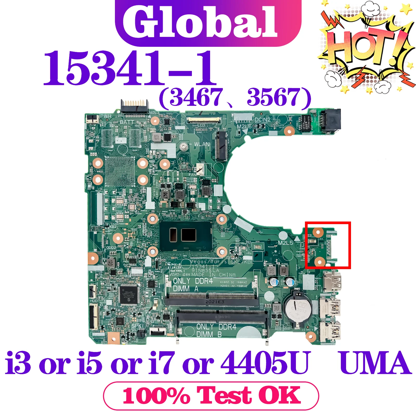 Материнская плата KEFU 15341-1 для ноутбука Dell Inspiron 15 3467 3567, материнская плата 4405U i3 i5 i7 7-го поколения UMA DDR4