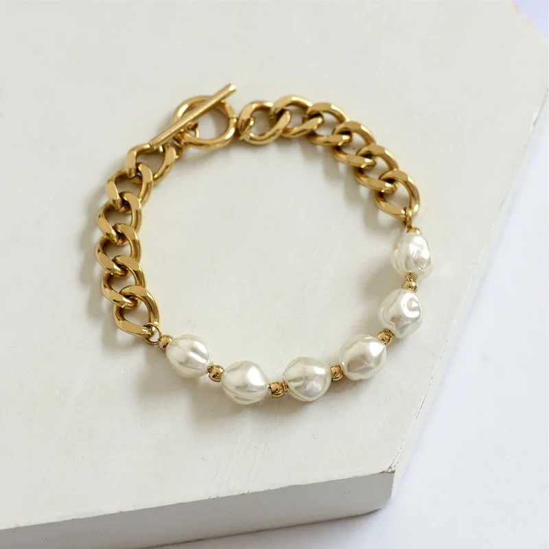 2022 New 18K Gold Cuban Chain Bracelet with Natural Freshwater Pearls for Men Women Stainless Steel Fine Creative Jewelry Gift