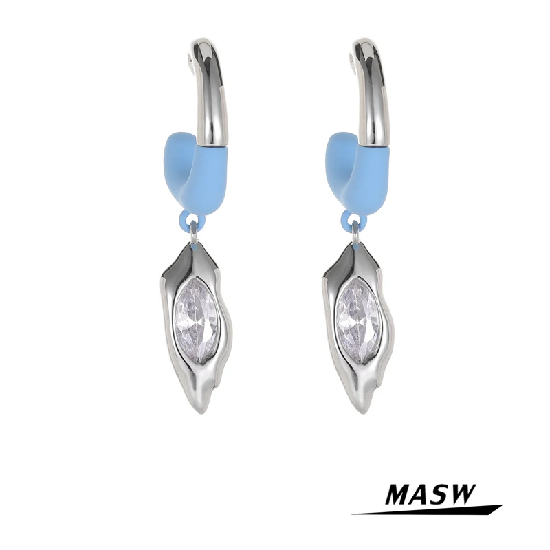 

MASW Original Design Sky Blue Drop Earrings Personality Design Silvery Plating Brass Metal Asymmetrical Earrings Women Jewelry