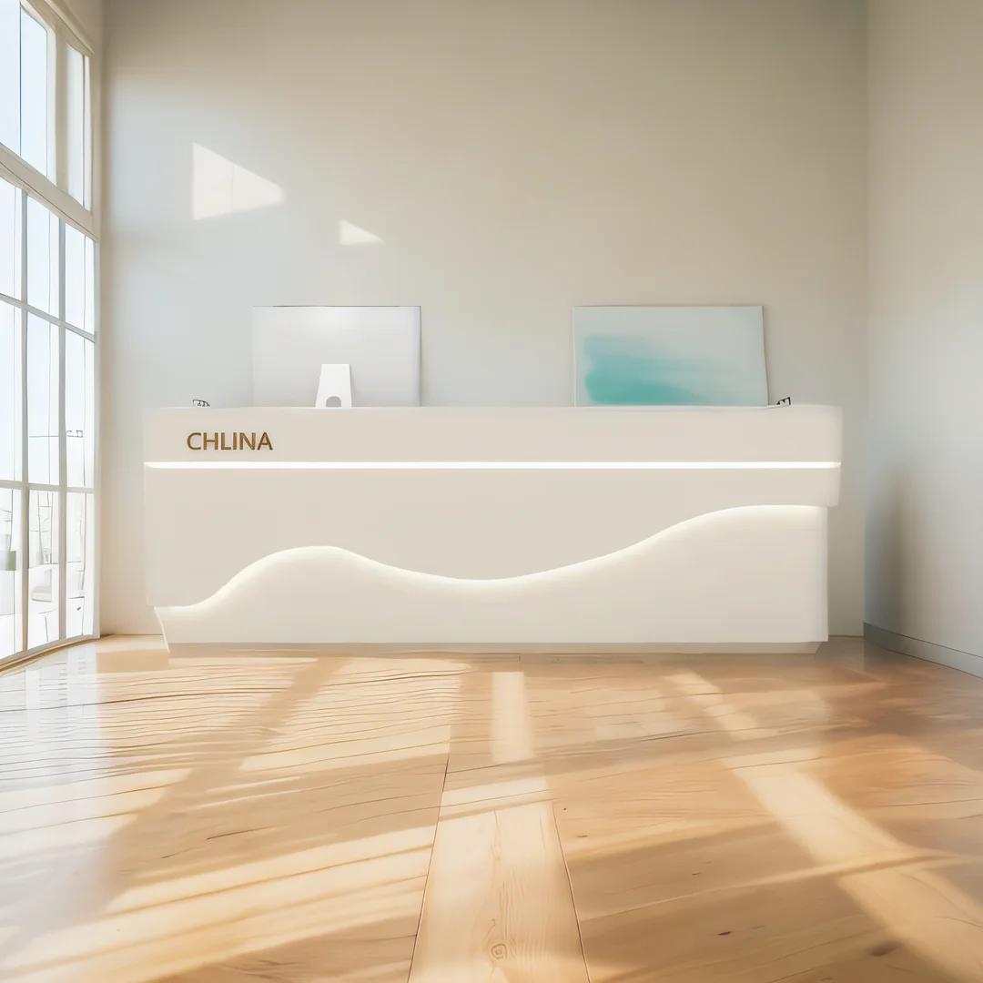 Офисная стойка для приема мебель из оргстекла Золотая полка салона красоты