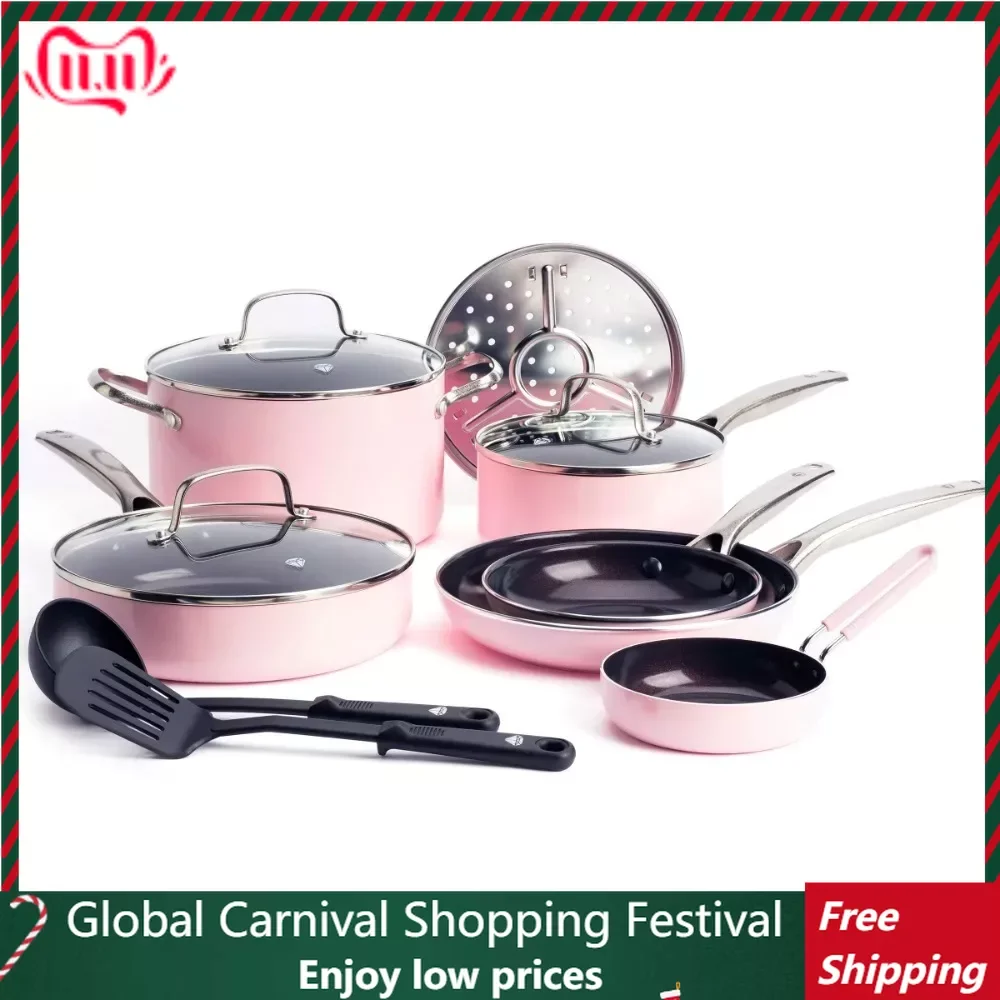 

Набор посуды из 12 предметов, без токсинов, керамика и посудомоечная машина, розовый кухонный аксессуар, набор для приготовления кастрюль и сковородок