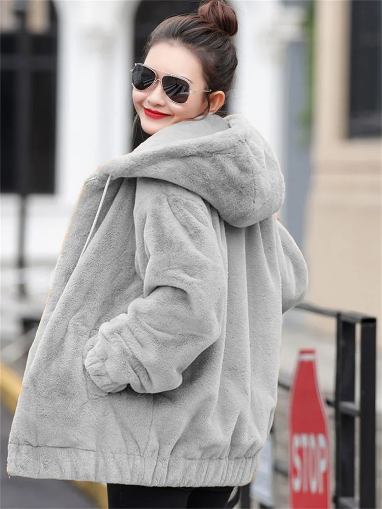 Temperament Slim Plus Velvet Thickened Imitation Rabbit Fur Coat Women 2022 Winter New Hooded Solid Color Plush Long Sleeve Coat
