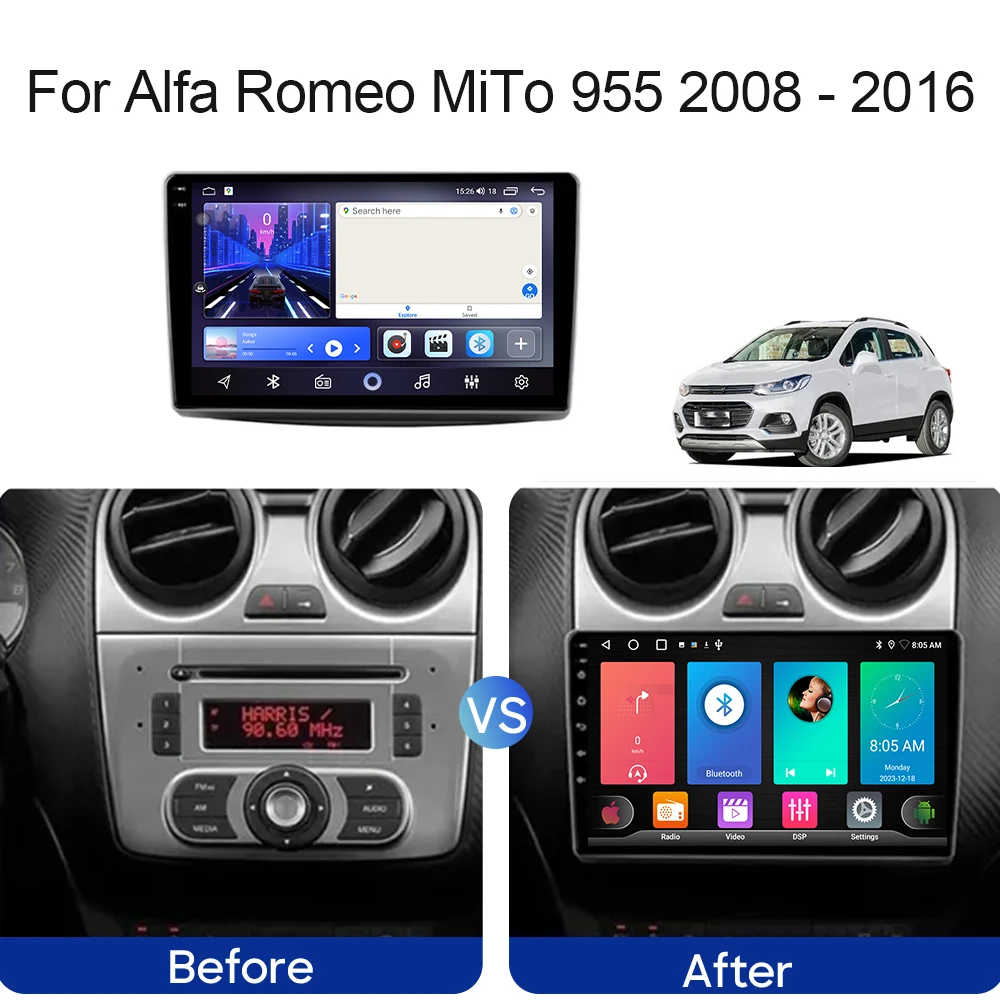 Для Alfa Romeo MiTo 955 2008-2016 Android 14 Автомобильный радиоприемник QLED Мультимедийный стерео