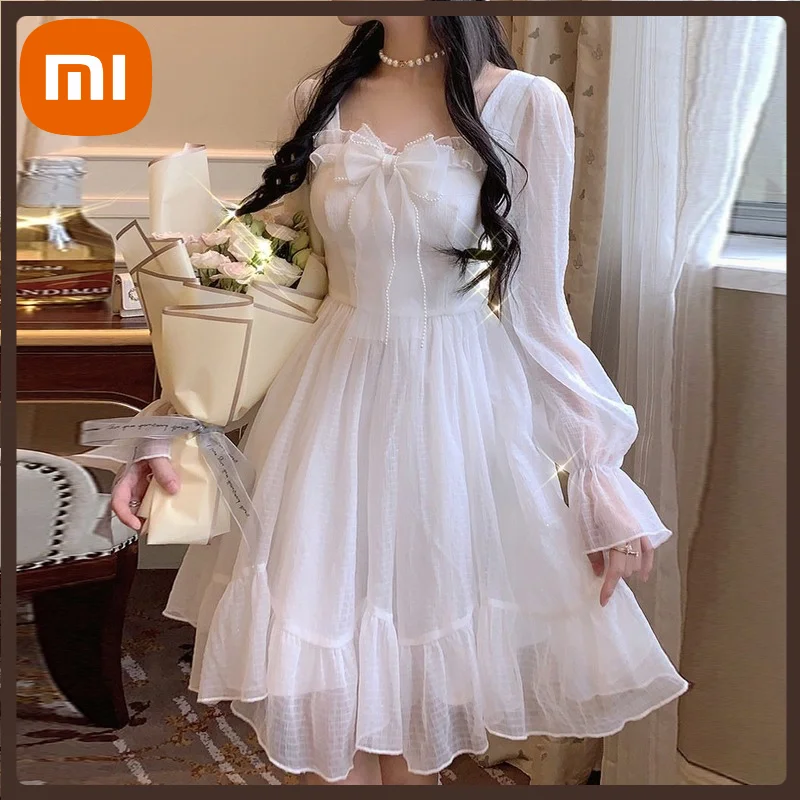 

Платье Xiaomi Kawaii женское с квадратным вырезом, белый Сказочный сарафан в японском стиле, сетка с бантом и длинным рукавом, элегантное весеннее...