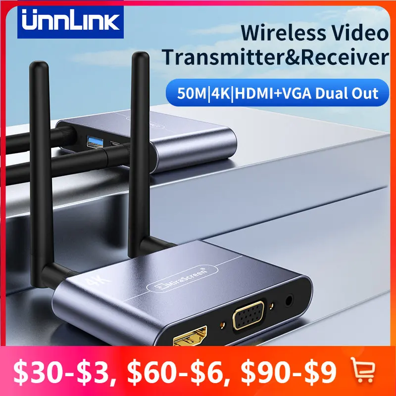 Unnlink 4K60Hz Wireless TV Dongle 50m 5G Wifi Phone Laptop to HDMI VGA Receiver for iPhone iPad Mac Windows Android