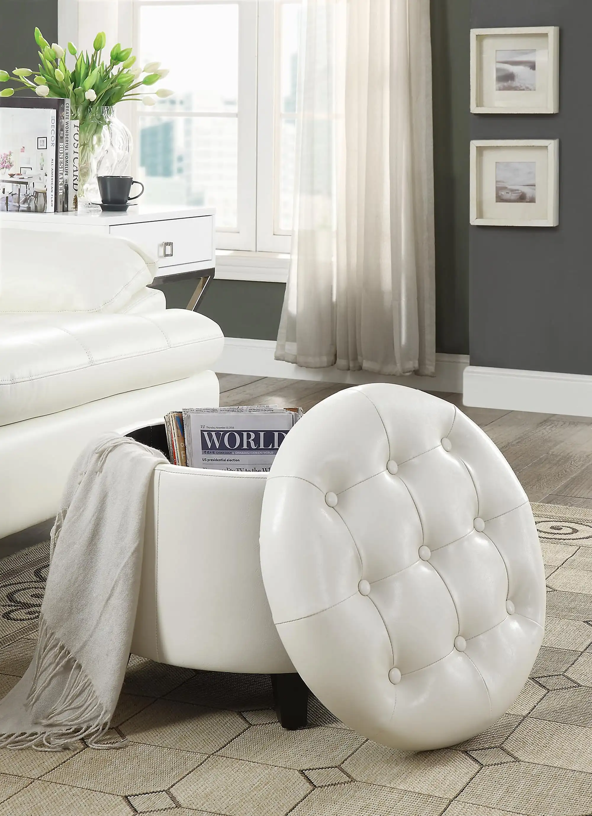 

Comfort Round Storage Ottoman, Ivory Faux Leather