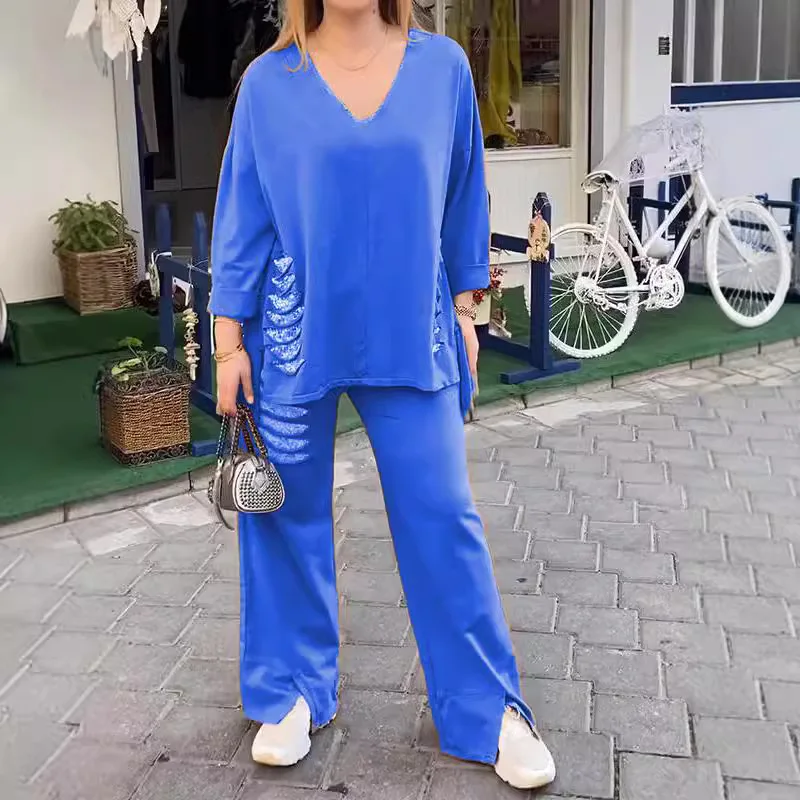 Однотонный повседневный хлопково-льняной костюм для женщин свободный топ с