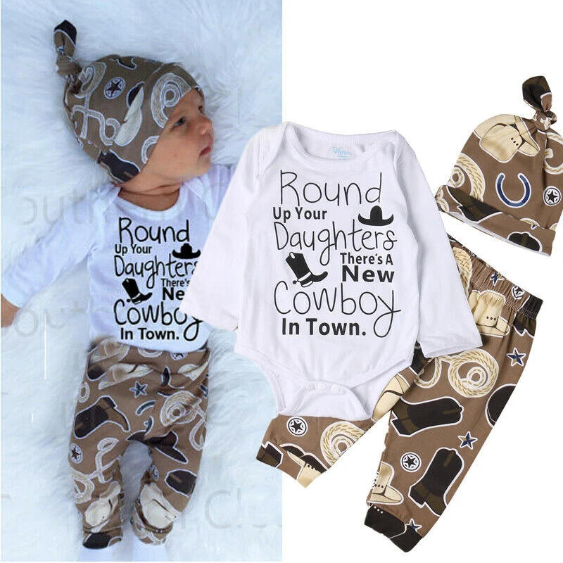 

Baby Boy Cowboy Clothes Set Letter Print Romper Bodysuit Pants Beanie Hat 0-18M Newborn Infant Toddler Spring Fall Casual Outfit