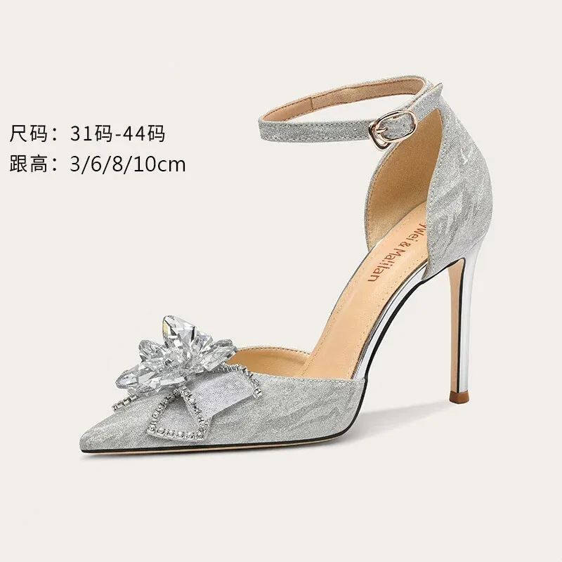 

Spring and summer new pointy sequin crystal butterfly wedding shoes thin high heel dress large size small size female sandals