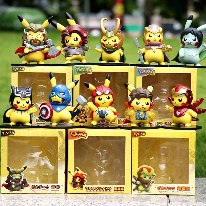 

Genuine Pokemon PVC 10cm Anime Figure Pikachu Cosplay The Avengers Spiderman Doctor Strange Iron Man Kawaii Toys For Children