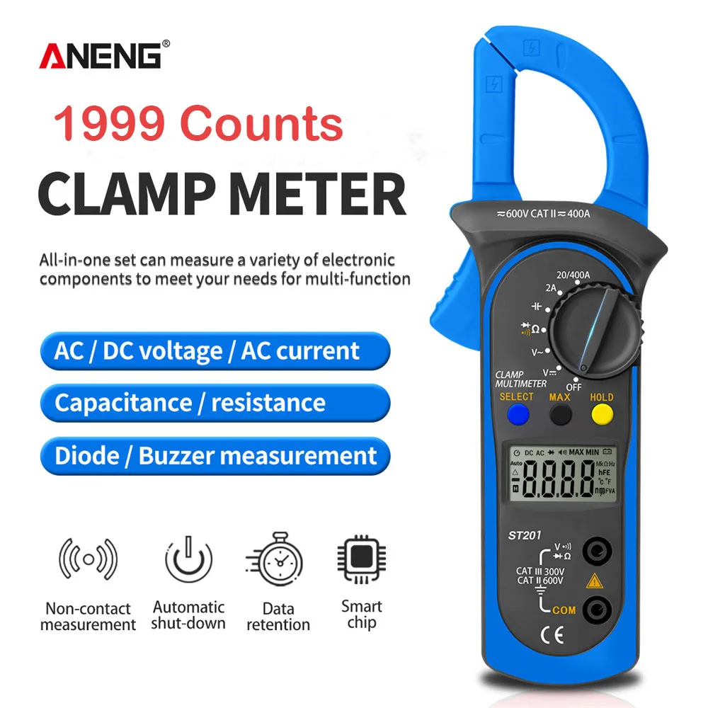 

ANENG ST201 Professional Digital 1999 Count Clamp Multimeter ACDC Ammeter Transistor Capacitor Auto Voltage Tester Electric