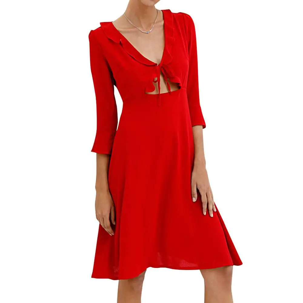 

Sexy Deep V Hollow out Dress Summer Red Midi Dress 2022 3/4 Flared Sleeve Dresses For Women Elegant vestidos Chest Bow Tie Set