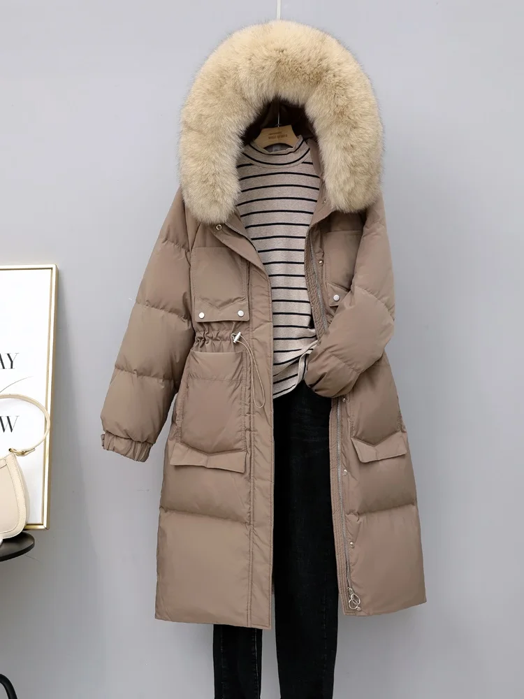 Women Long Down Jacket New Casual Style Fox Fur Collar White Duck Down Jackets Autumn Winter Coats And Parkas Female Outwear