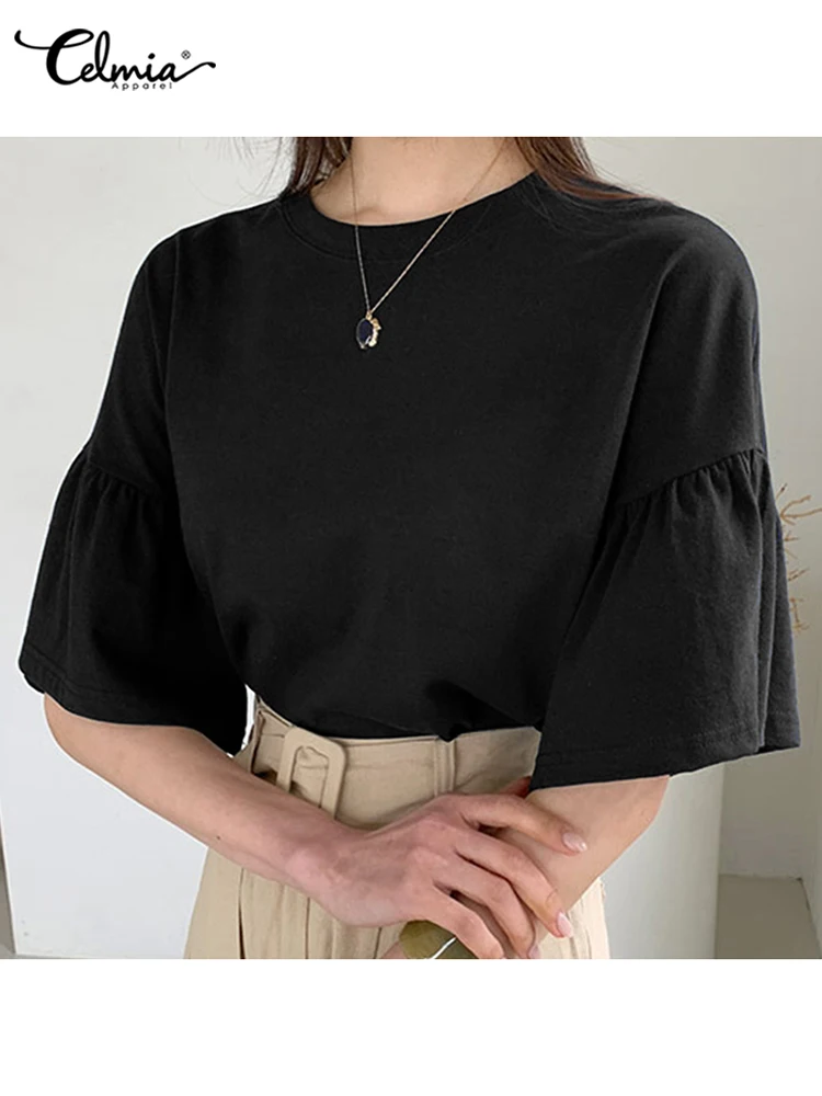 

Women Dropped Shoulder Blouses Celmia 2022 Summer Elegant Half Flare Sleeve O Neck Blusas Casual Loose Office Lady Knitted Tops