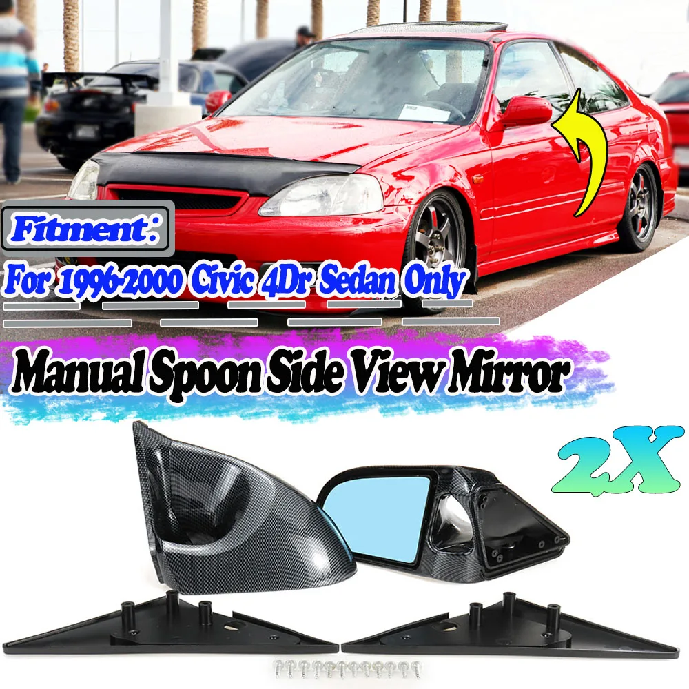 2x Manual Adjustable Car Door Wing Rear View Side Mirror Assembly For Honda Civic 4Dr 1996 1997 1998 1999 2000 Carbon Fiber