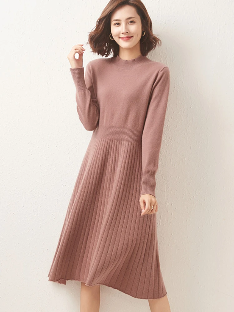 

New Autumn and Winter Fashion Solid Color Semi-turtleneck Wool Blended Knitted Dress Women's Casual Long Slim Bottoming Sweater