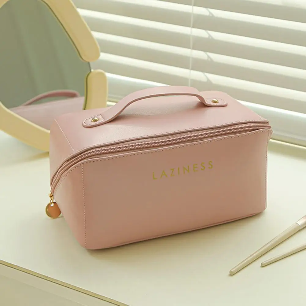 

Great Makeup Bag High Capacity Portable Toiletries Organizer Faux Leather Travel Female Makeup Storage Bag